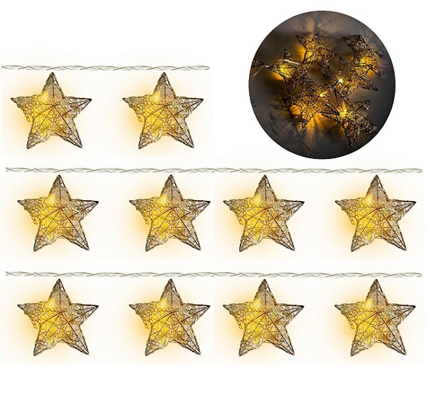Cordão 10 Estrelas Aramado Dourado Luxo Lâmpadas LED 1,3 metros à Pilha - Magizi