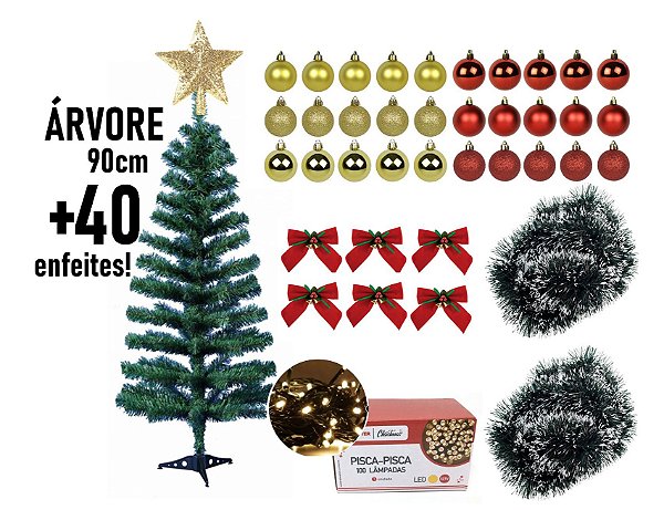 Árvore de Natal 90cm Decorada 40 Enfeites Incluso Pisca LED 100 Lâmpadas - Master Christmas
