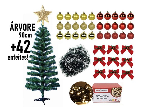 Árvore de Natal 90cm Decorada 42 Enfeites Incluso Pisca LED 100 Lâmpadas - Master Christmas