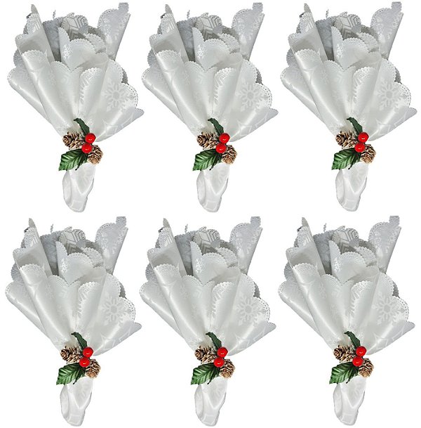 Jogo Guardanapos Tecido Branco 45x45cm e Argolas Decoradas Pinhas Natal 6 Unidades - Magizi