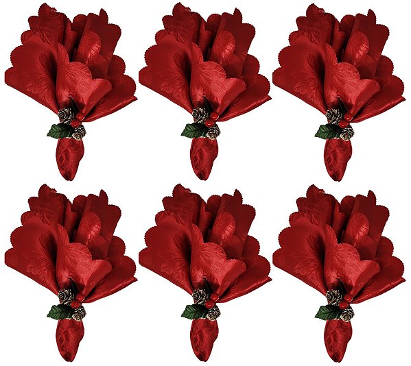 Jogo Guardanapos Tecido Vermelho 45x45cm e Argolas Decoradas Pinhas Natal 6 Unidades - Magizi