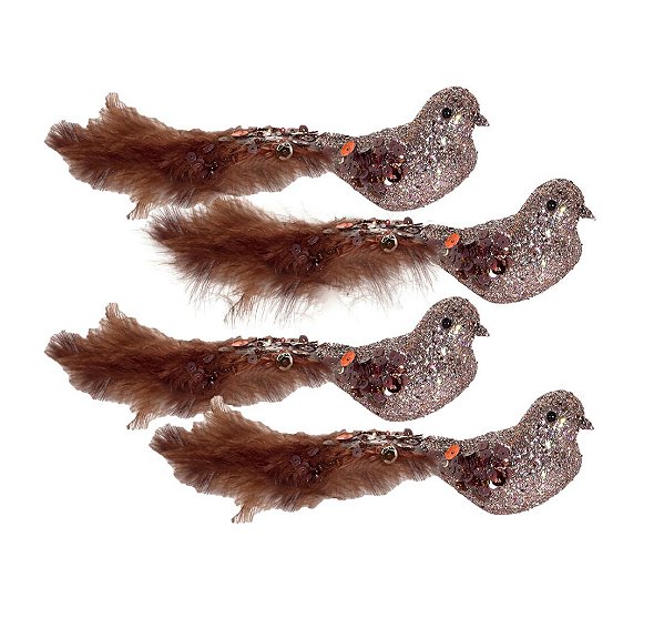 Jogo 4 Passarinhos Natal Plumas e Lantejoulas Bronze Glitter 17cm Decorativo - Magizi