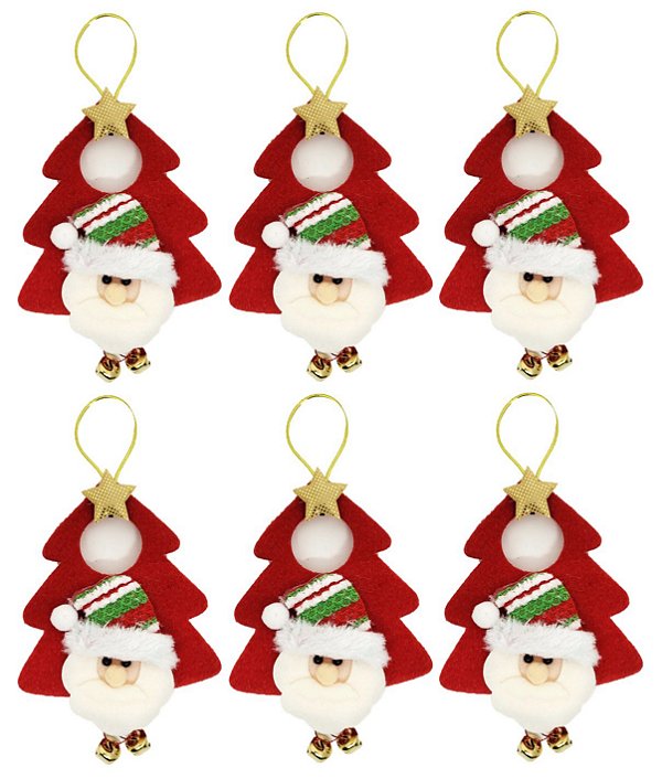 Kit 6 Pelúcias Árvore Noel Guizo Pendente Papai Noel Vermelho e Dourado 16cm - Master Christmas