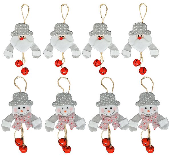 Kit 8 Pelúcias Pendente Guizo Papai Noel e Boneco de Neve Cinza Prime 17cm - Master Christmas