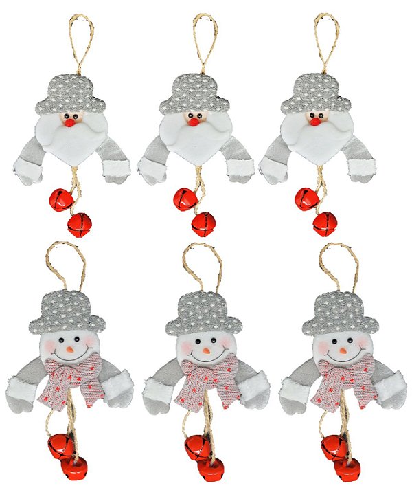 Kit 6 Pelúcias Pendente Guizo Papai Noel e Boneco de Neve Cinza Prime 17cm - Master Christmas