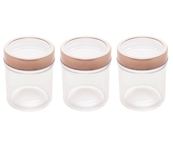 Jogo 3 Potes de Vidro com Tampa Acrílico Gastro Rosê 350ml Mantimentos - Lyor