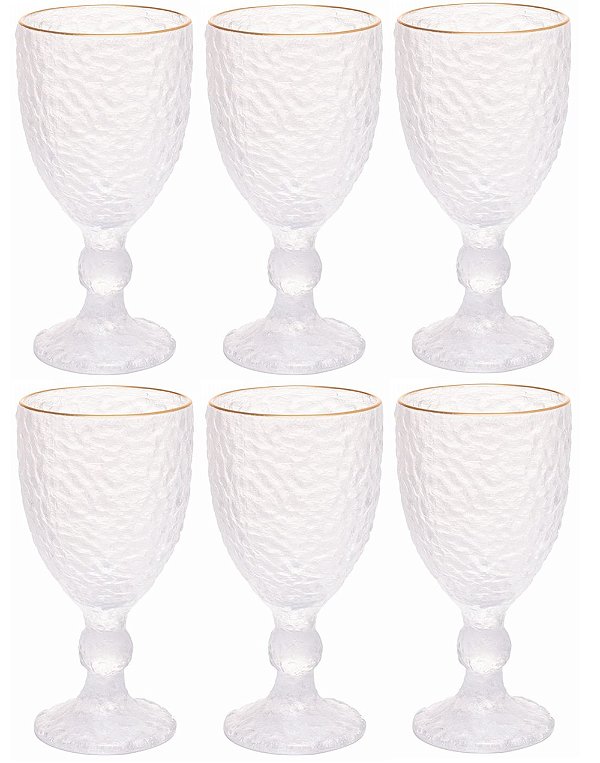 Conjunto 6 Taças Cristal Martelado Fio Dourado Petra 320ml - Lyor