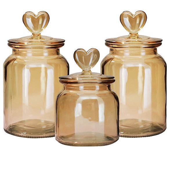 Jogo 3 Potes Vidro Âmbar Decor Afeto Coração 650ml e 1 Litro - Tuut