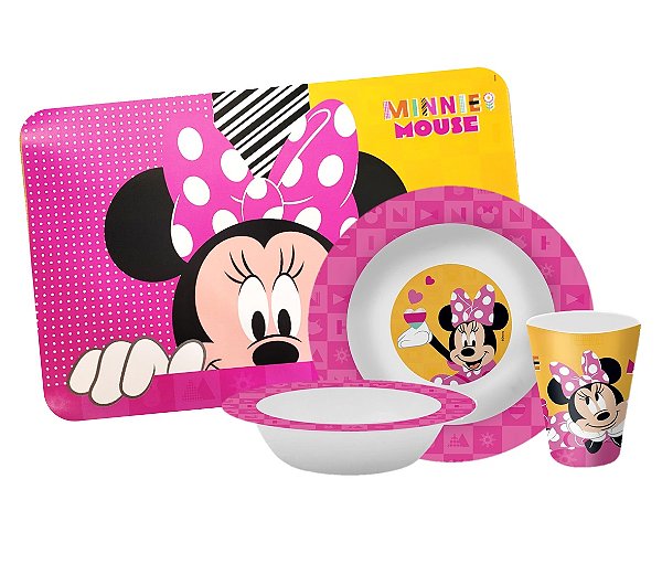 Kit Refeição Infantil Minnie Disney 4 Peças Melamina Prato, Tigela, Copo e Lugar Americano - Tuut