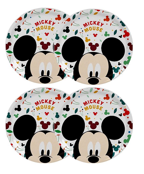 Jogo 4 Pratos Rasos Melamina Refeição Infantil Mickey Mouse Disney 20cm - Tuut