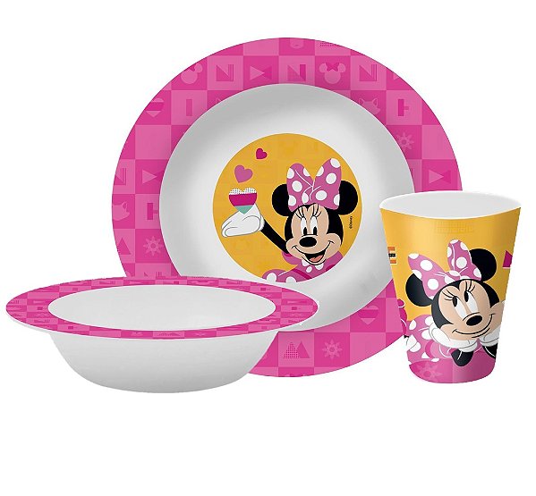 Kit Refeição Infantil Minnie Disney 3 Peças Prato, Tigela e Copo Melamina - Tuut