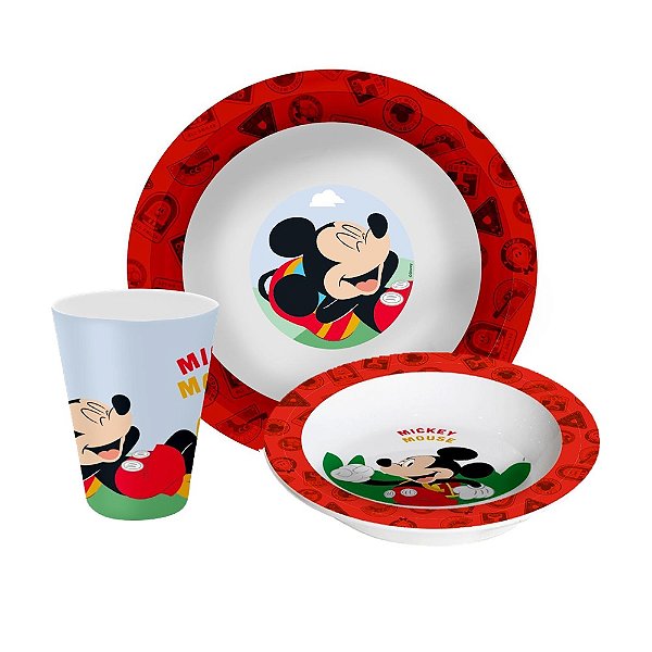 Kit Refeição Infantil Mickey Mouse Disney 3 Peças Prato, Tigela e Copo Melamina - Tuut
