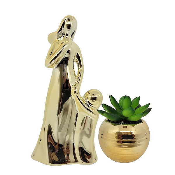 Kit Estatueta Decorativa Mãe e Filha e Vaso Suculenta Porcelana Dourado 17cm - Lívon