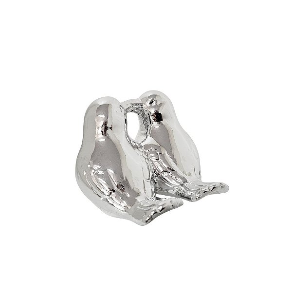 Enfeite Pássaro Casal Porcelana Prata Decorativo 9cm - Lívon
