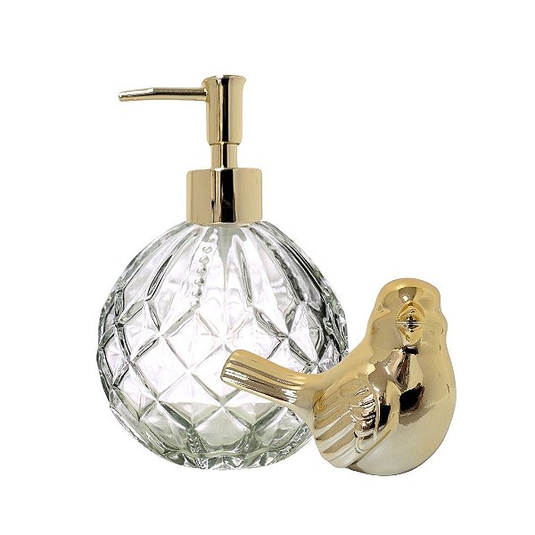 Kit Banheiro Porta Sabonete Líquido Vidro Vitral e Pássaro Porcelana Dourado - Yangzi