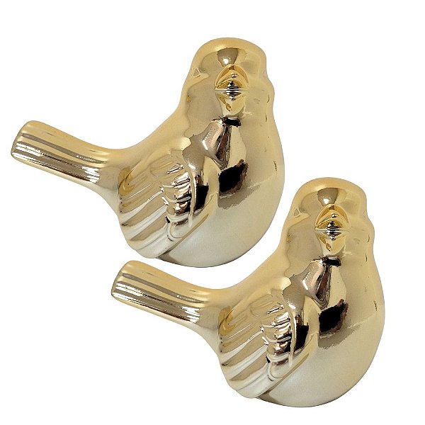 Enfeite 2 Pássaros Porcelana Dourado Médio 10cm - Lívon