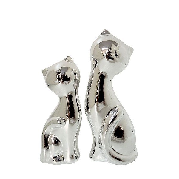 Enfeite Casal Gato Decorativo Porcelana Prata Cromado 14cm - Lívon