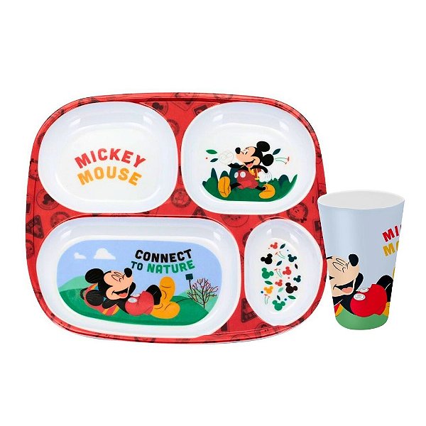 Kit Prato Refeição Infantil 4 Divisórias e Copo Melamina Mickey Mouse Disney - Tuut