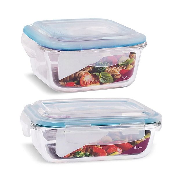 Kit 2 Potes Vidro Hermético Retangular e Quadrado Trava Mais 800ml e 640ml - Quality House