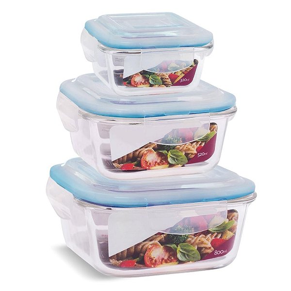 Kit 3 Potes Vidro Hermético Trava Mais Quadrado 320ml, 520ml e 800ml - Quality House