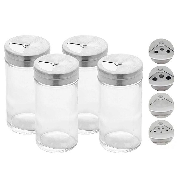 Kit 4 Potes Porta Tempero Vidro Com Tampa Dosadora Metal 3 Níveis 100ml - Lyor