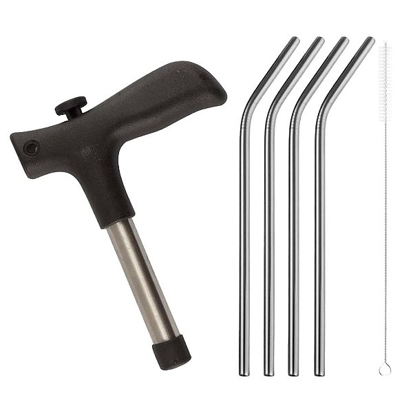Kit Furador de Coco e 4 Canudos Curvos Aço Inox Prime Com Limpador - Tuut