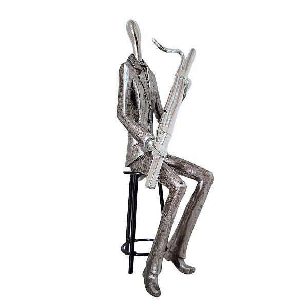 Estatueta Decorativa Músico Flautista Sentado Resina Prata 27cm - MCD