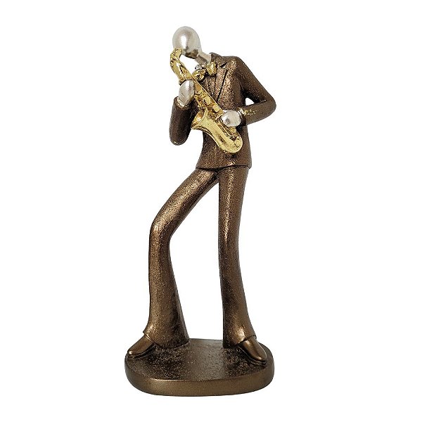 Estatueta Decorativa Músico Saxofonista em Bronze e Dourado 25cm - MCD