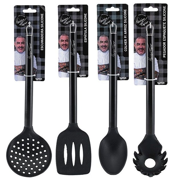 Jogo 4 Utensílios Cozinha Silicone Black Cabo Inox Henrique Fogaça - Tuut