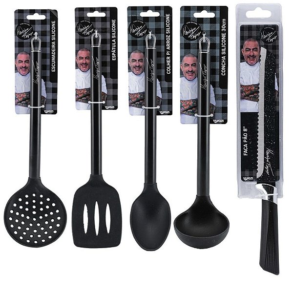 Jogo 4 Colheres Silicone Black Premium e Serra para Pão Henrique Fogaça  - Tuut