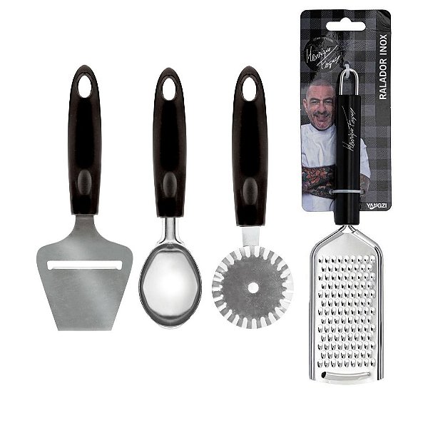 Kit Cozinha 4 Peças Inox Plaina Queijo, Colher Sorvete, Cortador de Massa e Ralador Black - Tuut