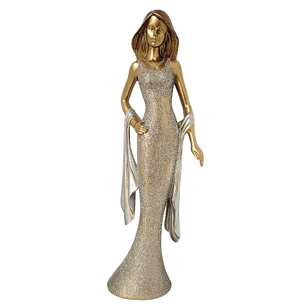 Estatueta Decorativa Mulher Elegante Vestido Gala Luxo Resina Brilho Champanhe e Dourado 40cm – MCD