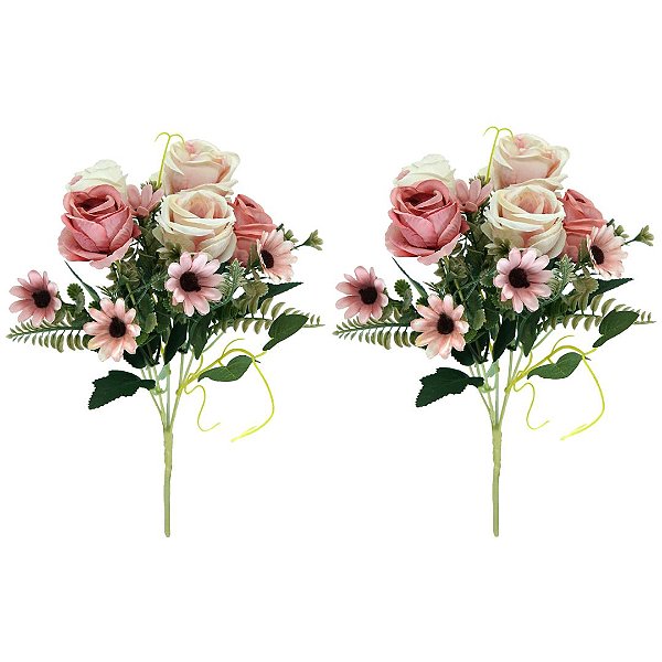 Kit 2 Buquês Artificial Mini Botões de Rosas Variadas 30cm - MC Flores