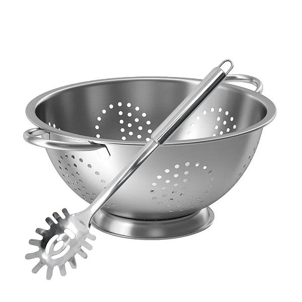Kit Cozinha Escorredor de Macarrão e Colher de Espaguete Aço Inox Prime - Quality House