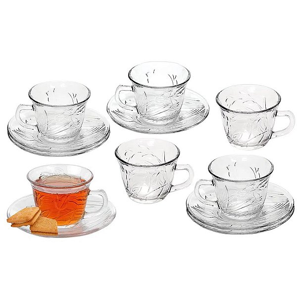 Conjunto de Xícaras Para Chá Com Pires Vidro Relevo Tulipas 170ml 6 Unidades - Fratelli