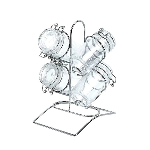 Conjunto 4 Potes para Temperos de Vidro com Tampa Hermética e Suporte de Metal Cromado 65ml - Lyor