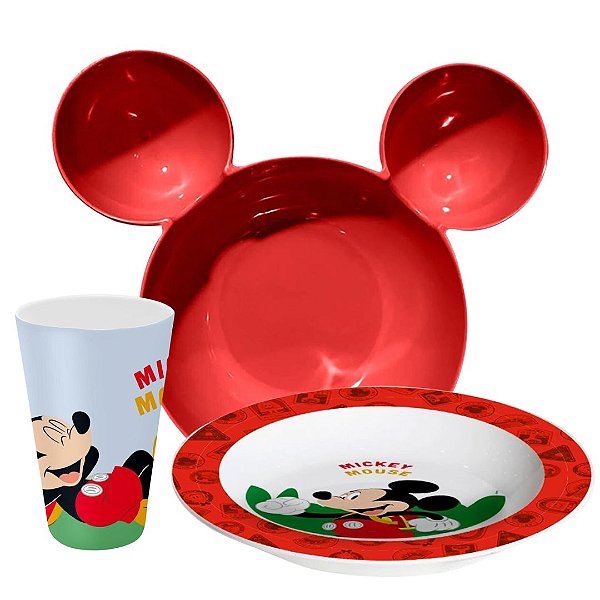 Kit Refeição Infantil Mickey 3 Peças Bowl Orelhas, Prato e Copo Melamina Premium - Tuut