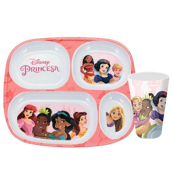 Kit Refeição Infantil Princesas Disney 2 Peças Prato Divisória e Copo Melamina - Tuut