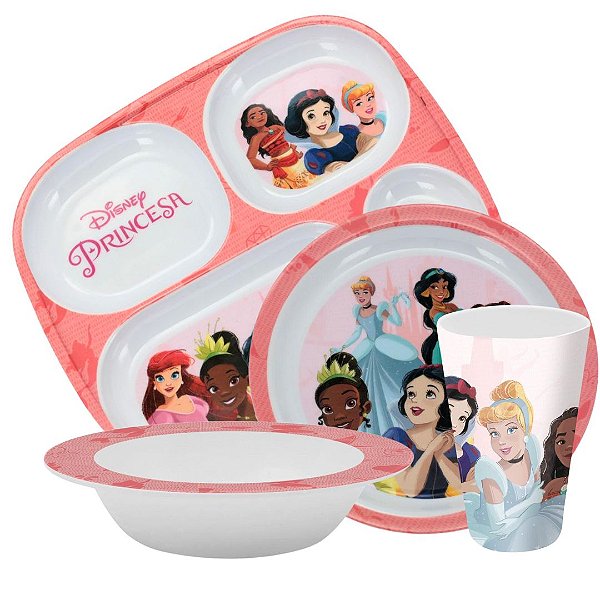 Kit Refeição Infantil Princesas Disney 4 Peças Prato Divisória, Prato Fundo, Tigela e Copo Melamina - Tuut