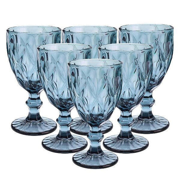 Jogo 6 Taças Vinho e Água Vidro Diamond Azul Luxo 340ml - Vivaflor Decor