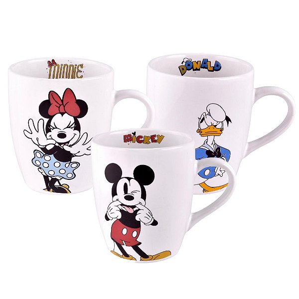 Kit 3 Canecas Disney Cerâmica Mickey, Minnie e Pato Donald 330ml - Tuut