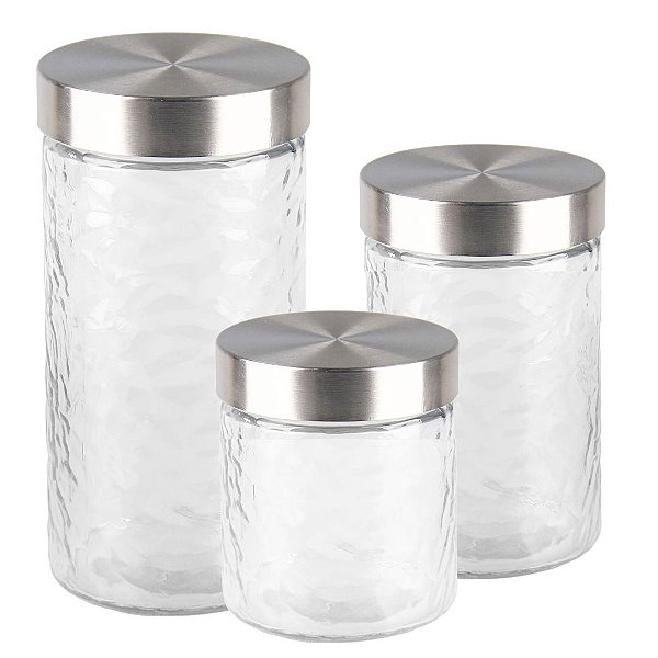 Jogo 3 Potes Porta Mantimento Vidro Transparente Texturizado Organic 850ml, 1200ml e 1700ml - Mek