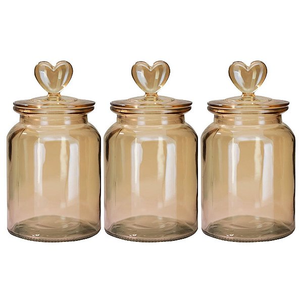 Kit 3 Potes Vidro Âmbar Decor Afeto Coração 1 Litro - Tuut