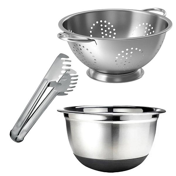 Kit Cozinha Escorredor de Massa, Bowl Inox Premium Base Antiderrapante e Pegador