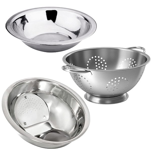 Kit Cozinha Escorredor de Macarrão, Lavador de Arroz e Bowl Aço Inox 3 Peças