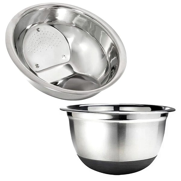 Kit Cozinha Escorredor de Arroz e Bowl Inox Premium Base Antiderrapante
