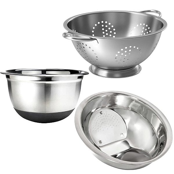 Kit Escorredor de Massa, Lavador de Arroz e Bowl Inox Antiderrapante 3 Peças