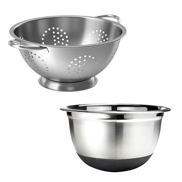 Kit Cozinha Escorredor de Massa e Bowl Inox Premium Base Antiderrapante