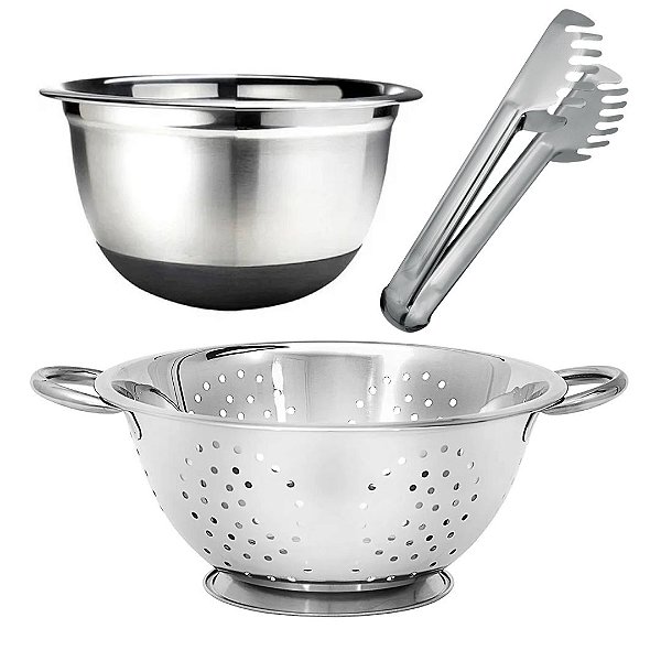 Kit Cozinha Escorredor de Macarrão, Bowl Inox Premium Base Antiderrapante e Pegador