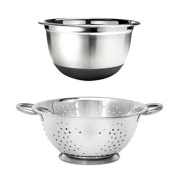Kit Cozinha Prime Escorredor de Massa Grande e Bowl Inox Premium Base Antiderrapante
